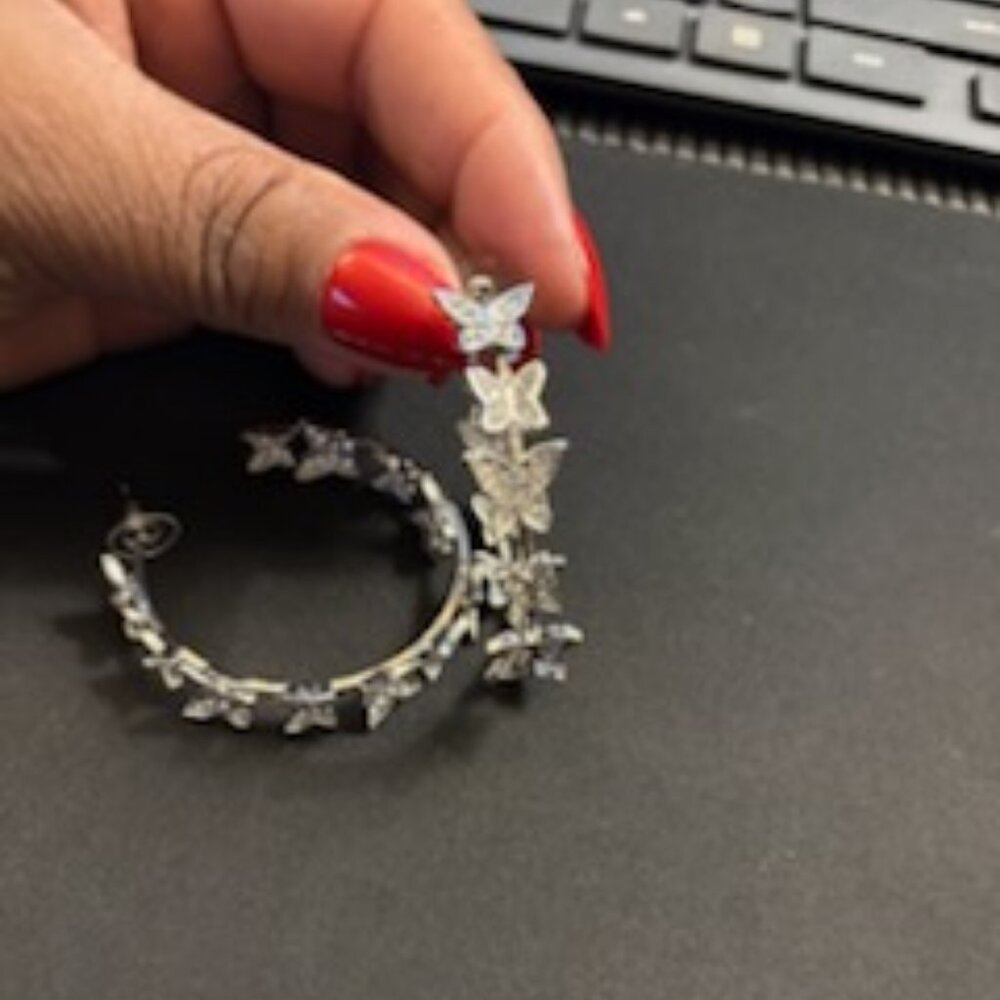 1 Pair of Silver Butterfly Hoop Earrings